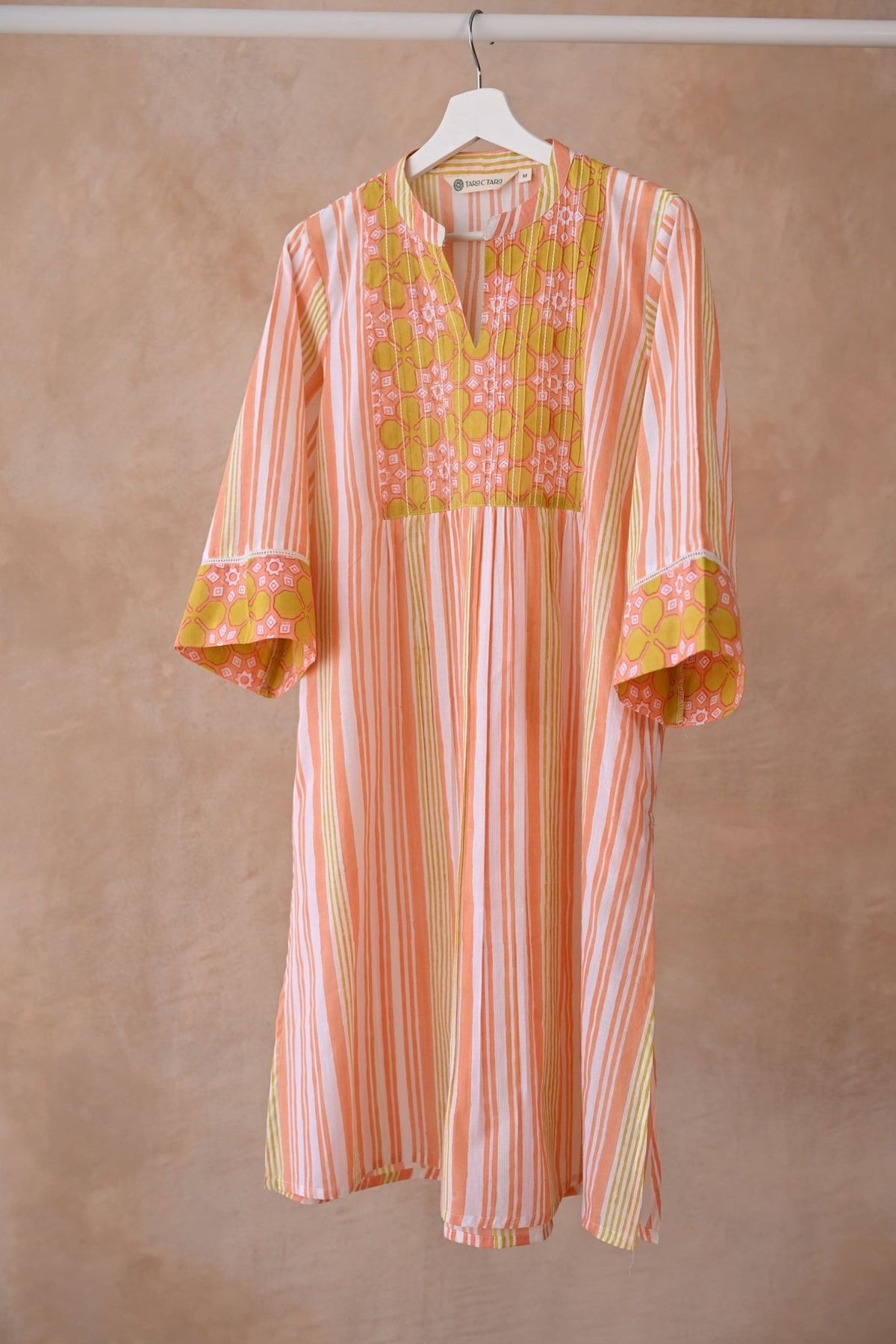 Peach & Yellow Stripe Block Printed Kurta - Tara - C - Tara