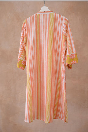 Peach & Yellow Stripe Block Printed Kurta - Tara - C - Tara