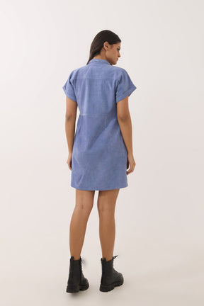 Periwinkle Blue Corduroy Utility Shirt Dress - Tara - C - Tara