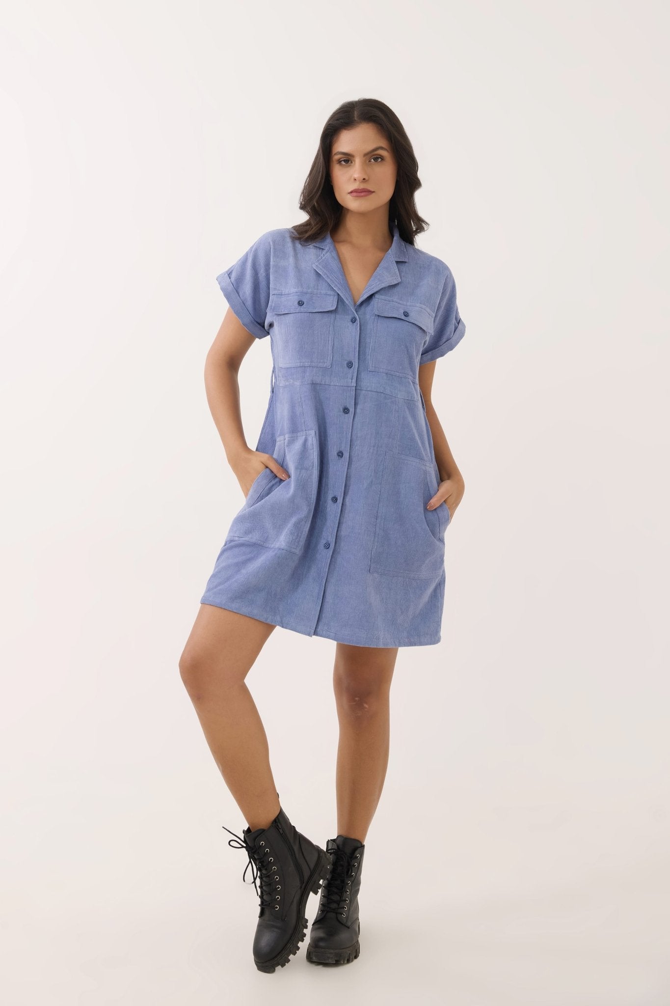 Periwinkle Blue Corduroy Utility Shirt Dress - Tara - C - Tara