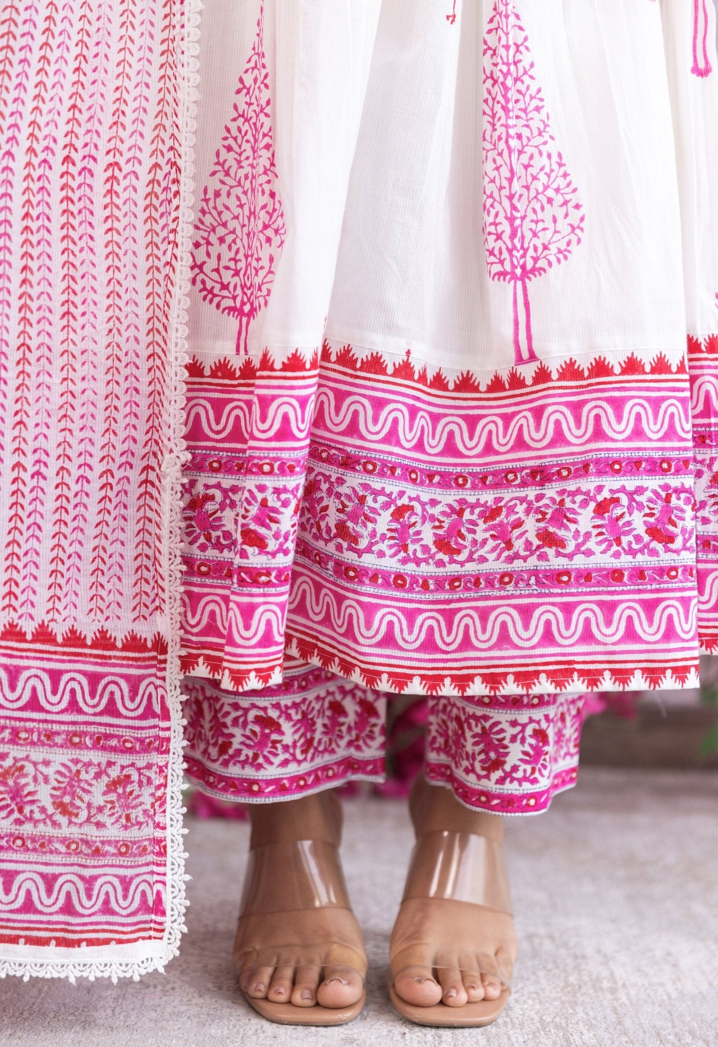 PINK AND RED HAND BLOCK PRINTED GATHERED ANARAKLI WITH DORIYA AND BOTTOMS - Tara - C - Tara