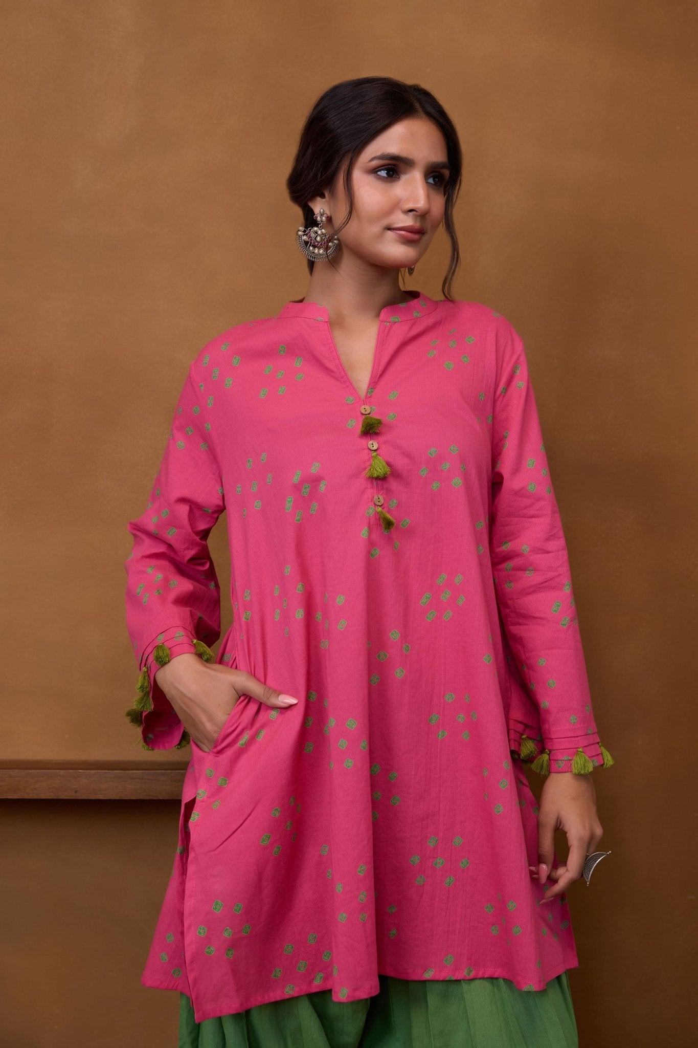 Pink Bandhani Printed Kurta & Green Farsi Salwar Co-ord Set - Tara-C-Tara