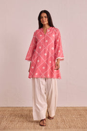 Pink Bandhej Printed Kurta & White Farsi Salwar Co-ord Set