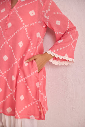 Pink Bandhej Printed Kurta & White Farsi Salwar Co - ord Set - Tara - C - Tara