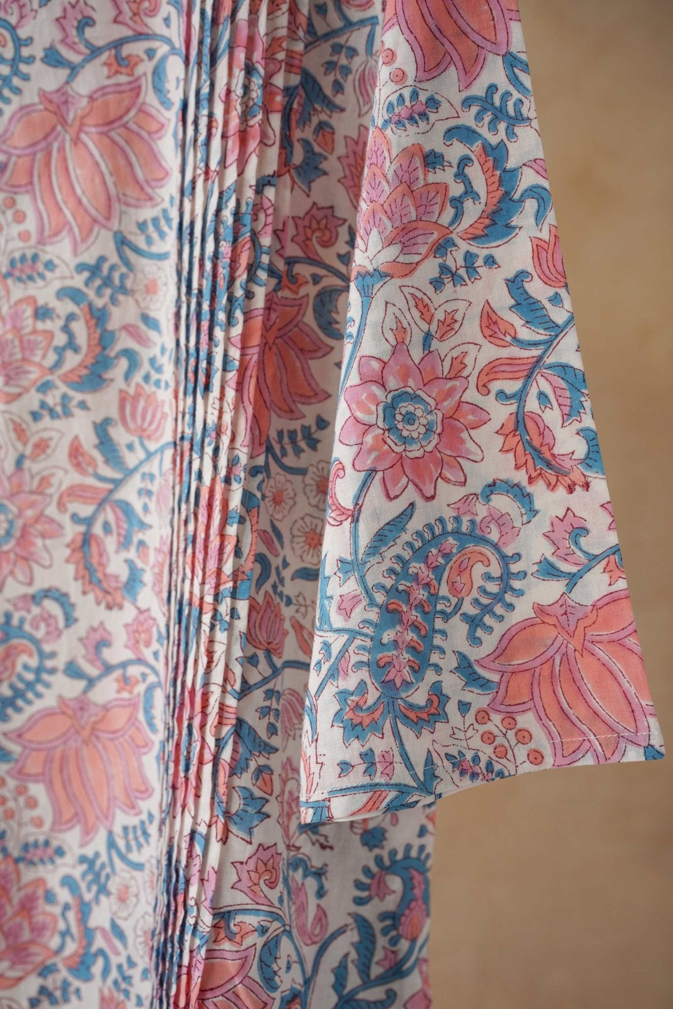 Pink & Blue Floral Hand Block Print Pintuck Kurta - Tara - C - Tara