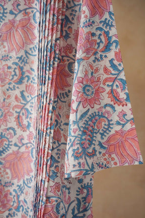 Pink & Blue Floral Hand Block Print Pintuck Kurta - Tara - C - Tara