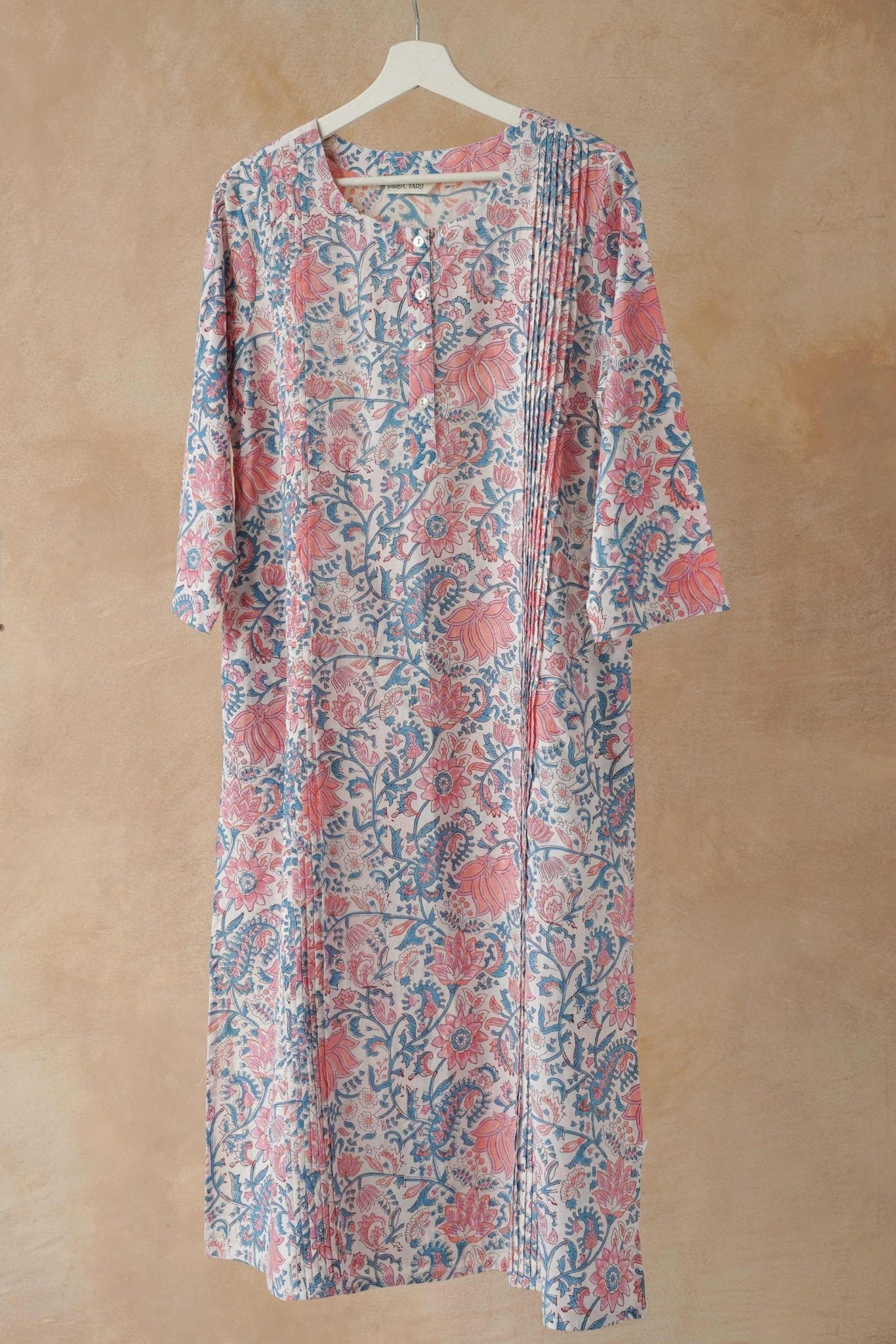 Pink & Blue Floral Hand Block Print Pintuck Kurta - Tara - C - Tara