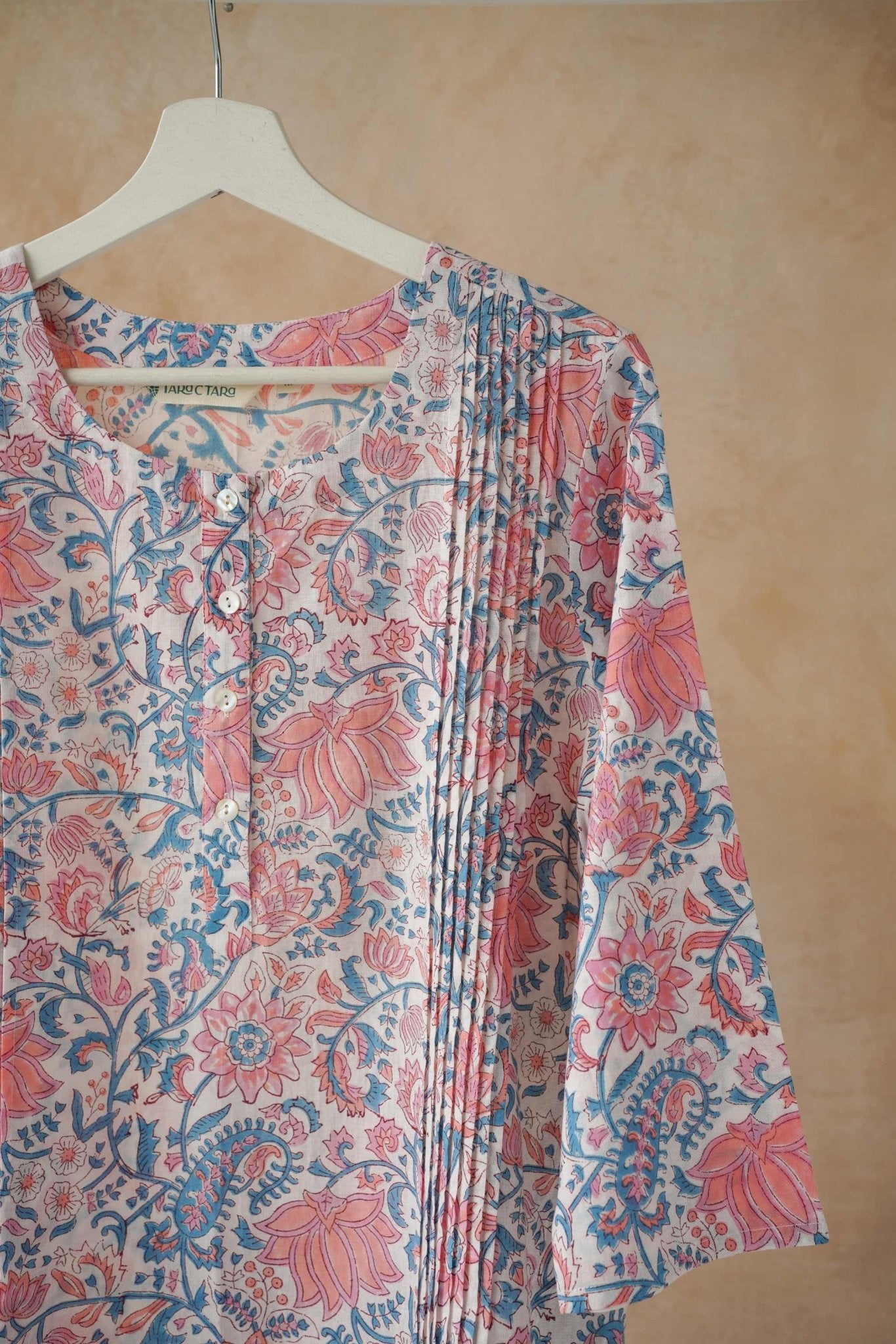 Pink & Blue Floral Hand Block Print Pintuck Kurta - Tara - C - Tara