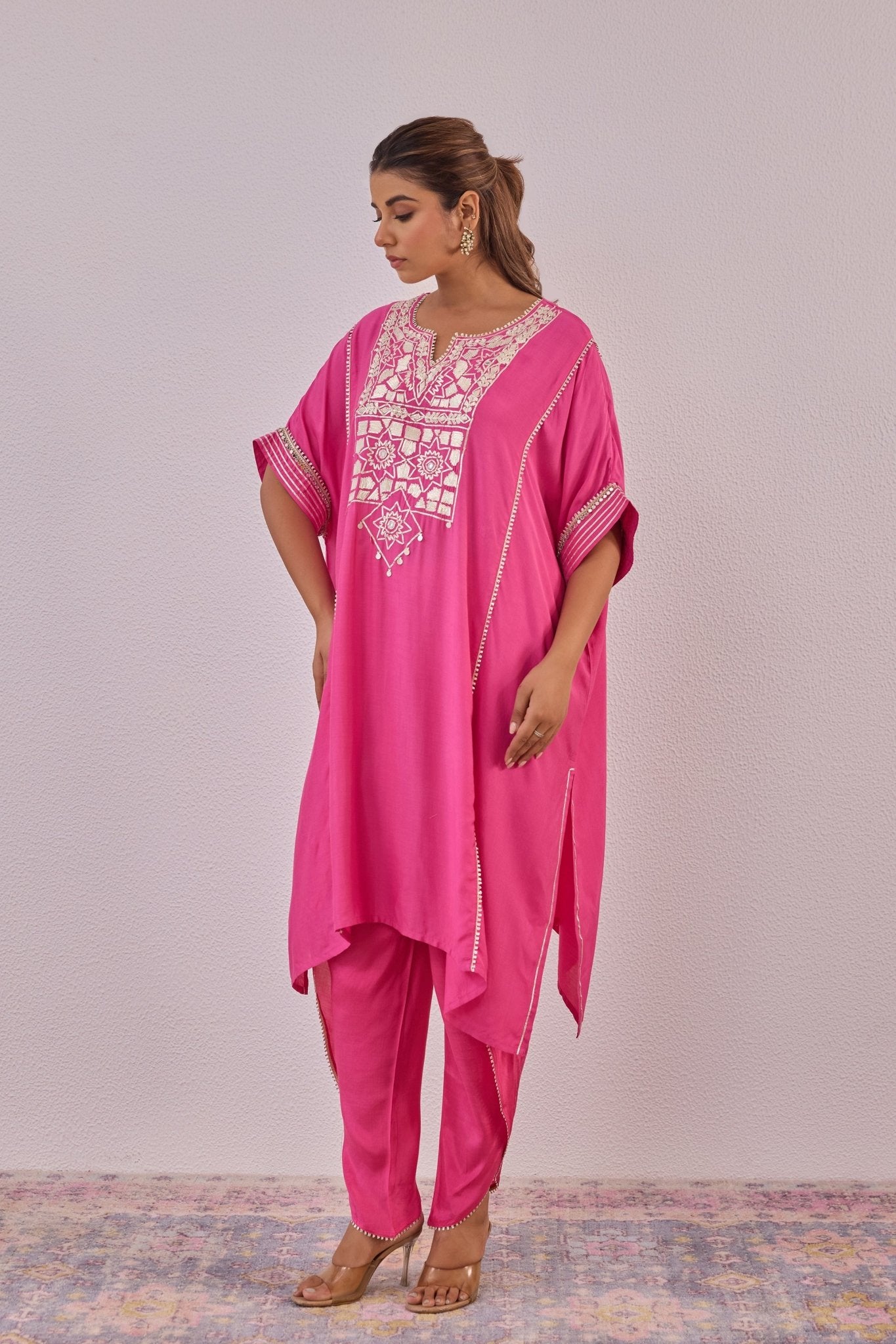 Pink Cotton Silk Embroidered Kaftan Set - Tara - C - Tara