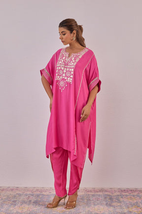 Pink Cotton Silk Embroidered Kaftan Set - Tara - C - Tara