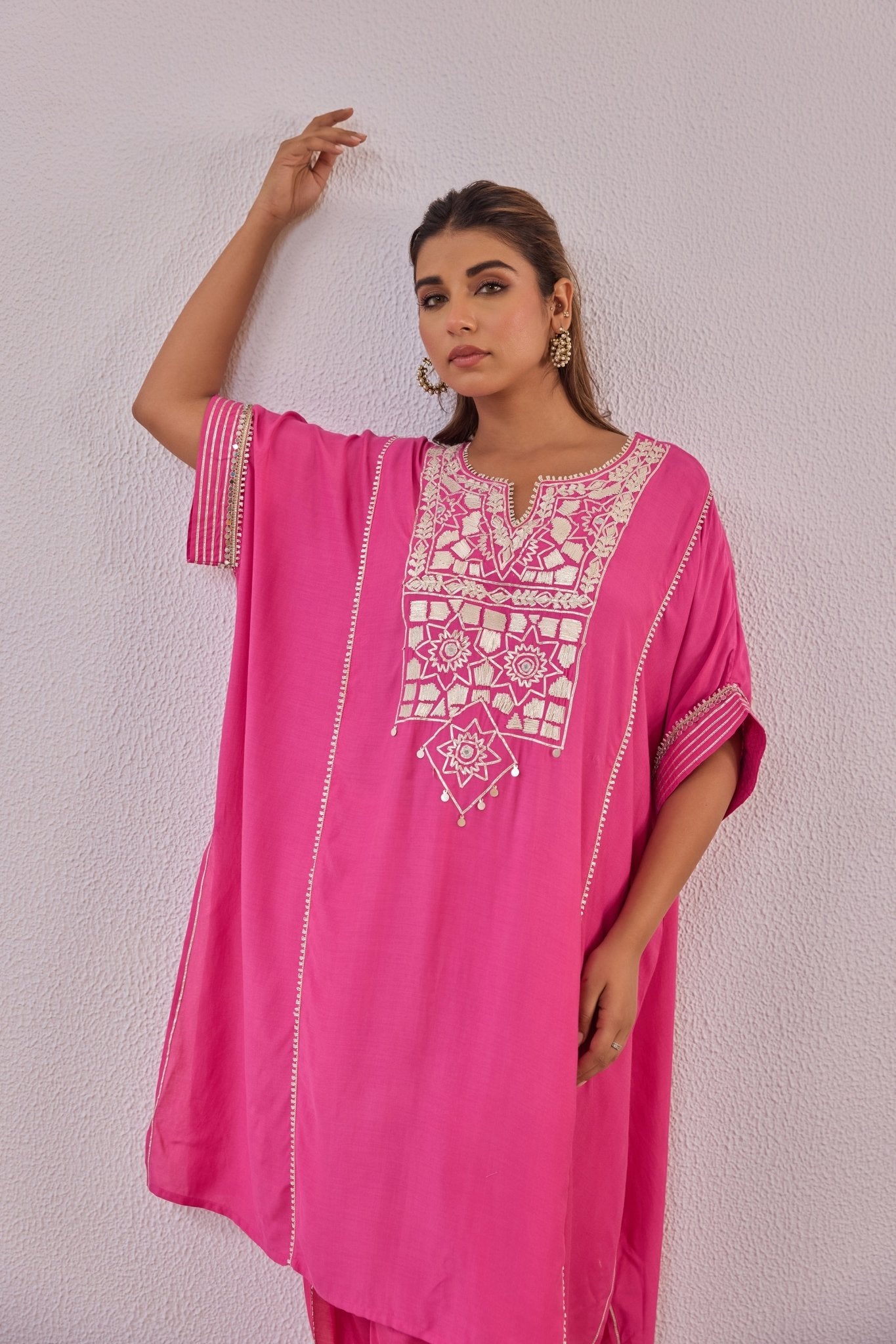 Pink Cotton Silk Embroidered Kaftan Set - Tara - C - Tara