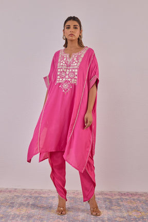 Pink Cotton Silk Embroidered Kaftan Set - Tara - C - Tara