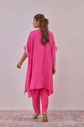 Pink Cotton Silk Embroidered Kaftan Set - Tara - C - Tara