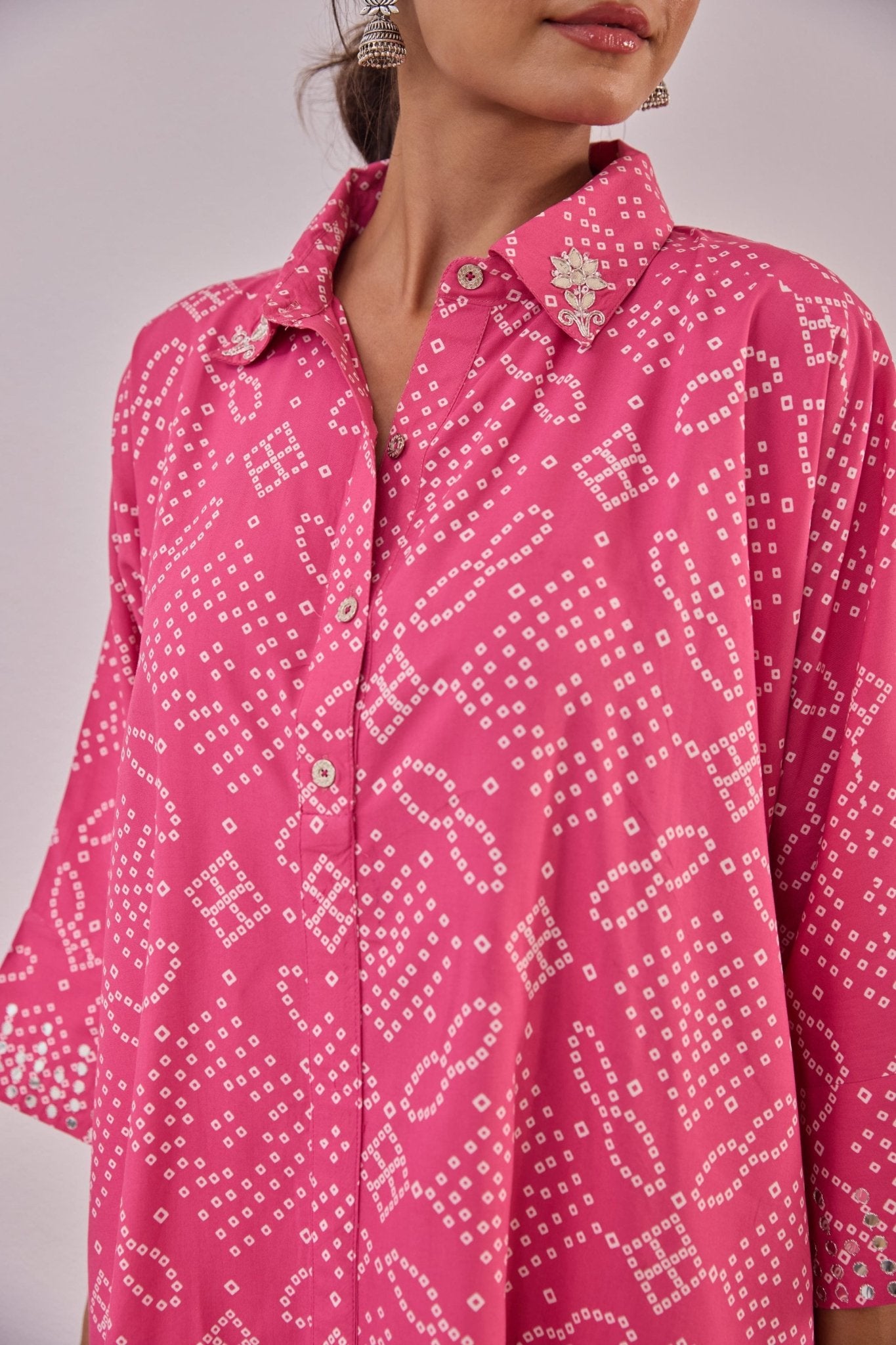 Pink Embroidered Bandhej Printed Coord Set With Palazzo Pant - Tara - C - Tara