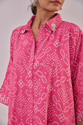 Pink Embroidered Bandhej Printed Coord Set With Palazzo Pant - Tara - C - Tara