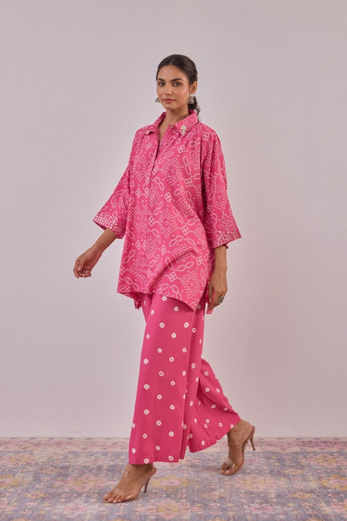 Pink Embroidered Bandhej Printed Coord Set With Palazzo Pant - Tara - C - Tara