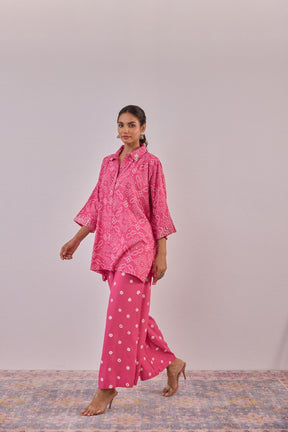 Pink Embroidered Bandhej Printed Coord Set With Palazzo Pant - Tara - C - Tara