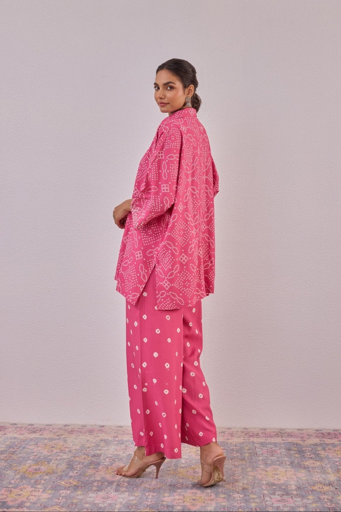 Pink Embroidered Bandhej Printed Coord Set With Palazzo Pant - Tara - C - Tara