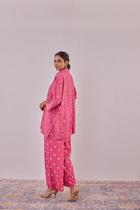 Pink Embroidered Bandhej Printed Coord Set With Palazzo Pant - Tara - C - Tara