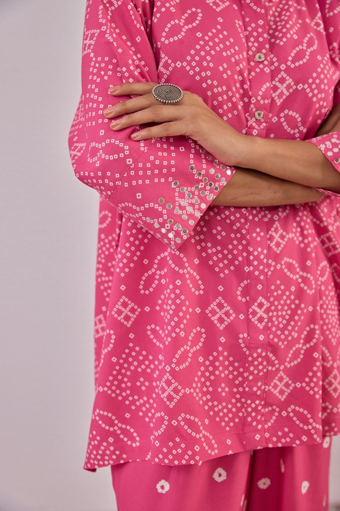 Pink Embroidered Bandhej Printed Coord Set With Palazzo Pant - Tara - C - Tara