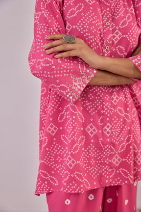 Pink Embroidered Bandhej Printed Coord Set With Palazzo Pant - Tara - C - Tara