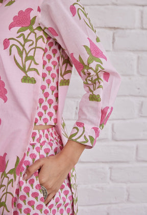 Pink Floral Buta Hand Block Printed Kurta - Tara - C - Tara