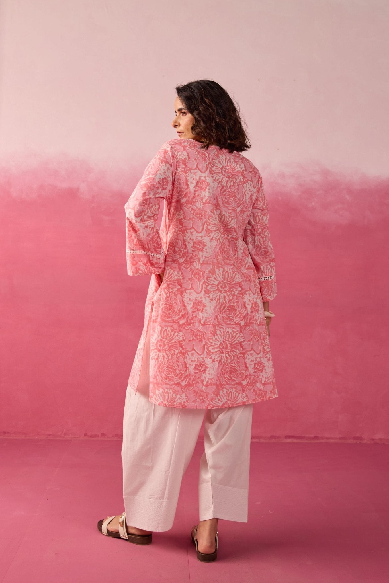 Pink Floral Toile Hand Block Print Kurta & White Farsi Salwar Co - ord Set - Tara - C - Tara