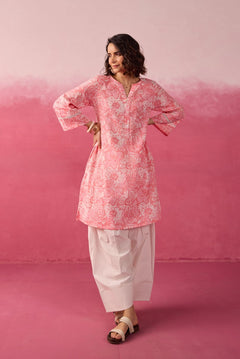 Pink Floral Toile Hand Block Print Kurta & White Farsi Salwar Co-ord Set