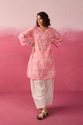 Pink Floral Toile Hand Block Print Kurta & White Farsi Salwar Co - ord Set - Tara - C - Tara