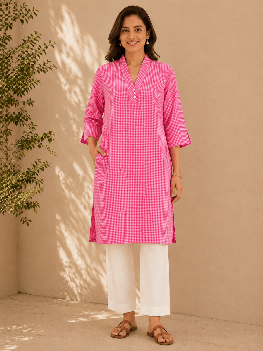 Pink Gingham Check Cotton Kurta - Tara-C-Tara