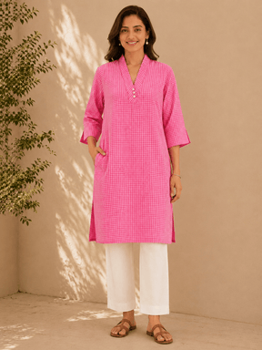 Pink Gingham Check Cotton Kurta - Tara-C-Tara