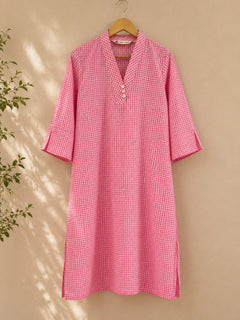 Pink Gingham Check Cotton Kurta