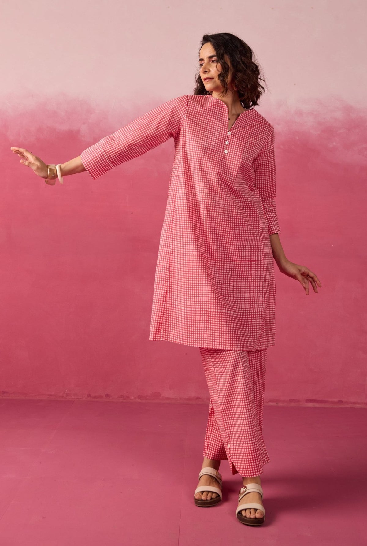 Pink Gingham Check Printed Cotton Co-ord Set - Tara-C-Tara