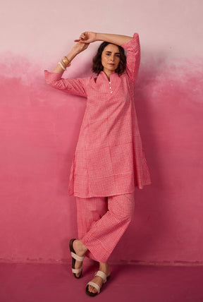 Pink Gingham Check Printed Cotton Co-ord Set - Tara-C-Tara