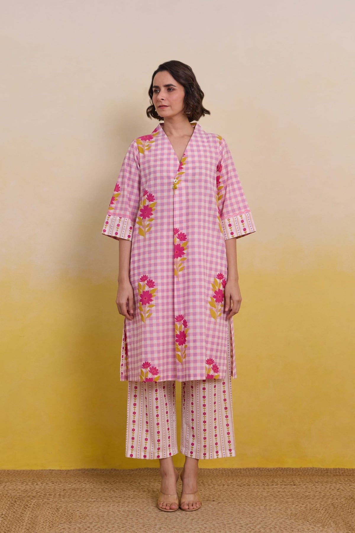 Pink Gingham Floral Printed Co - ord Set - Tara - C - Tara