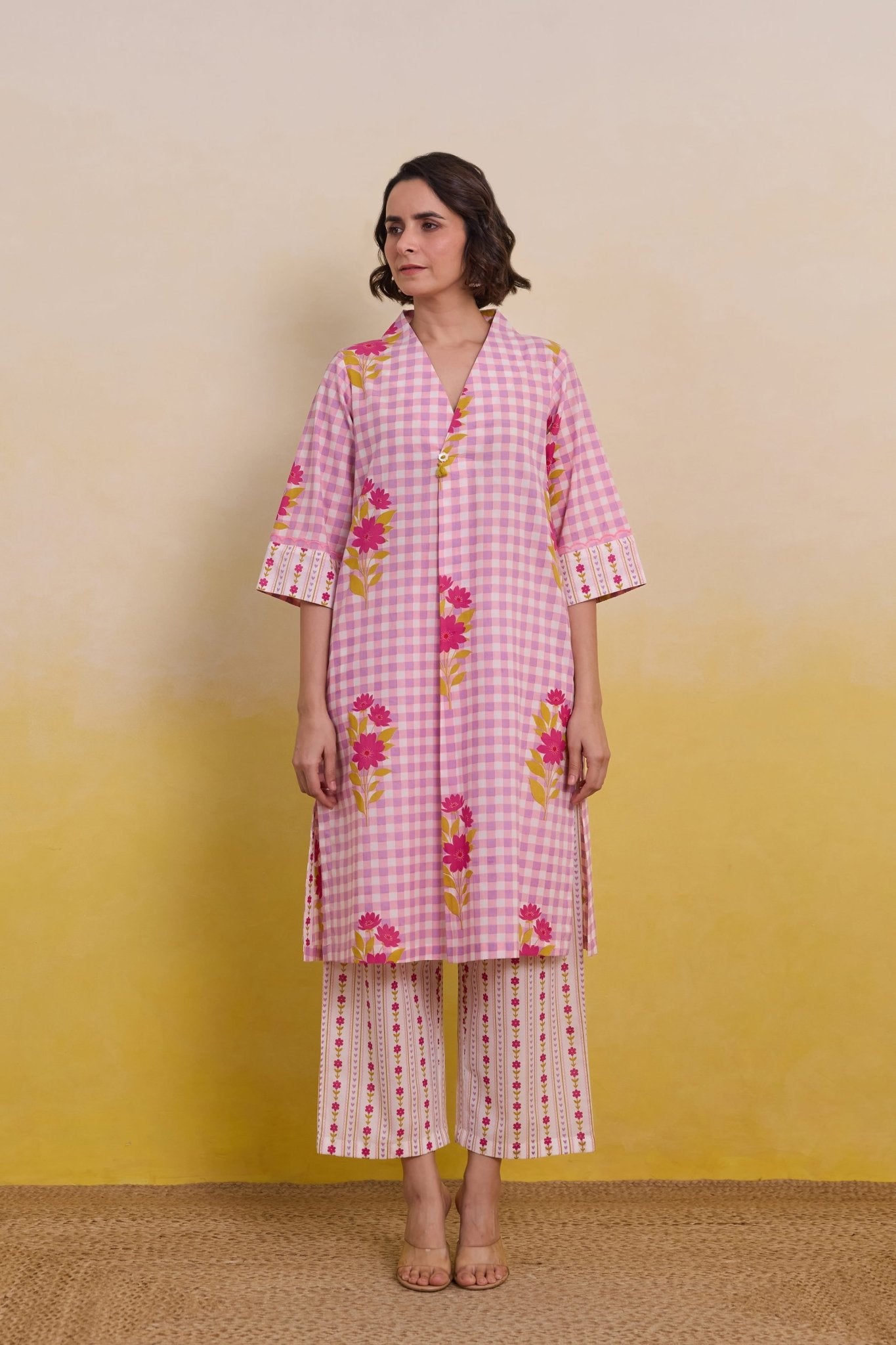 Pink Gingham Floral Printed Co - ord Set - Tara - C - Tara