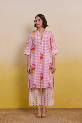 Pink Gingham Floral Printed Co - ord Set - Tara - C - Tara