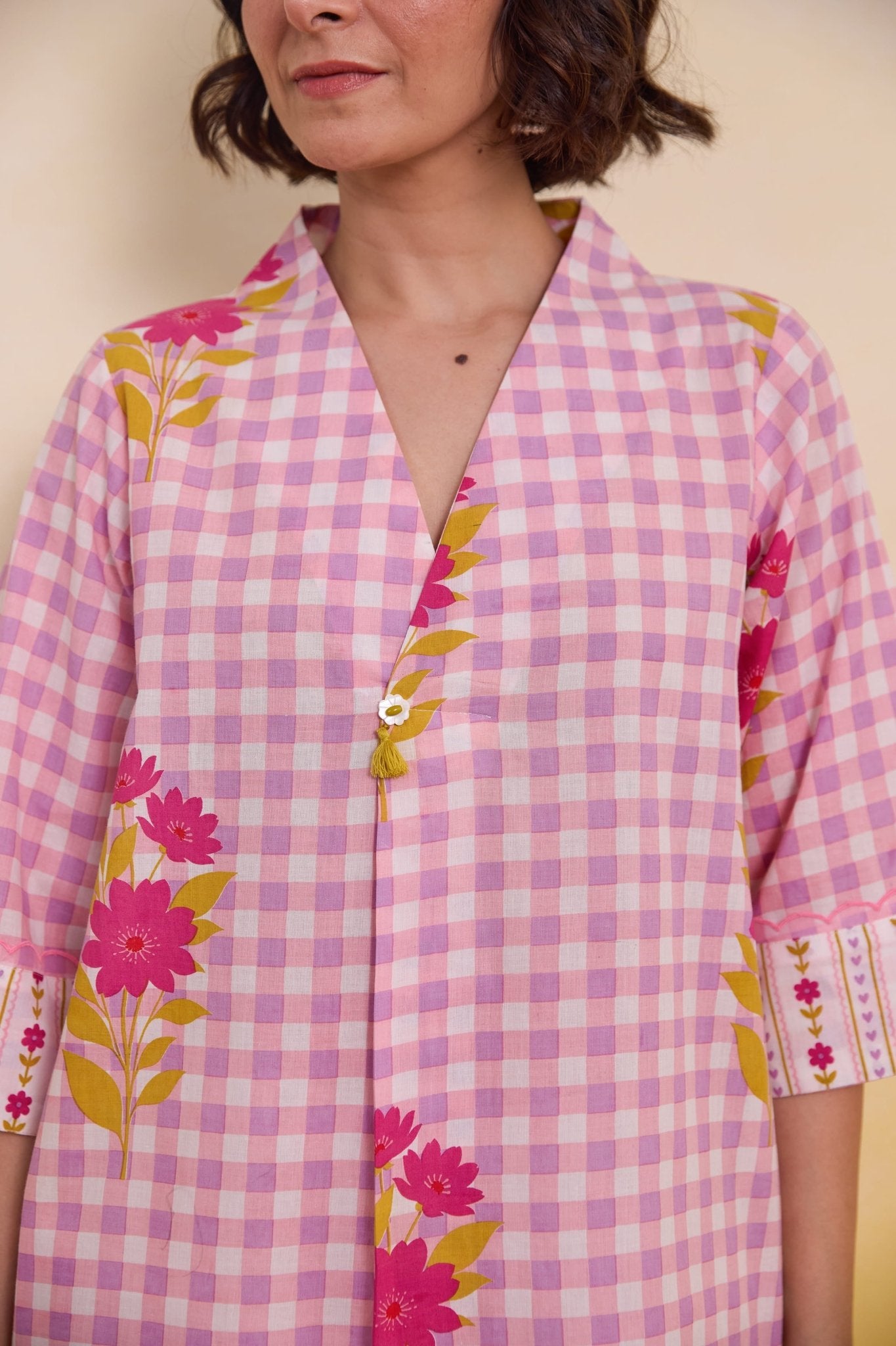 Pink Gingham Floral Printed Co - ord Set - Tara - C - Tara