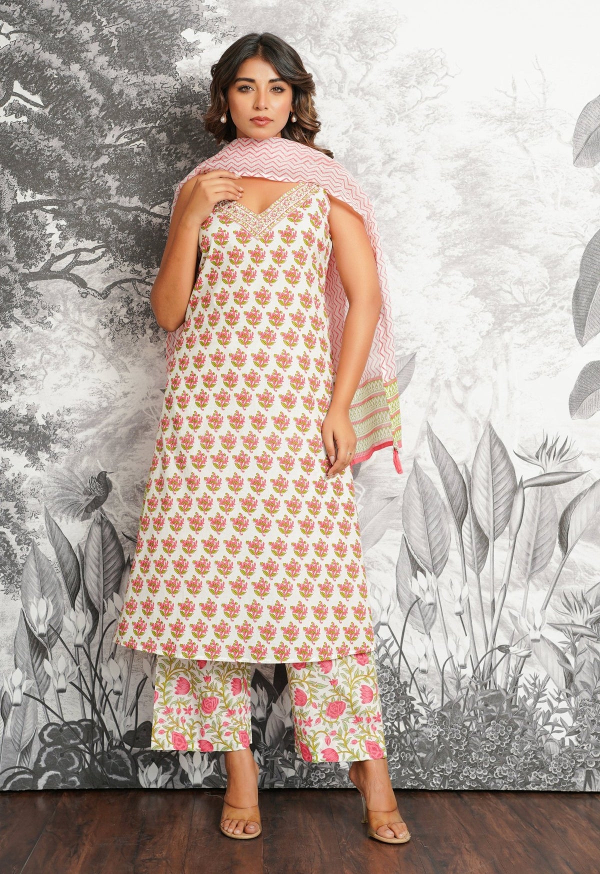 Pink - Green Floral Printed Strappy Suit set - Tara - C - Tara