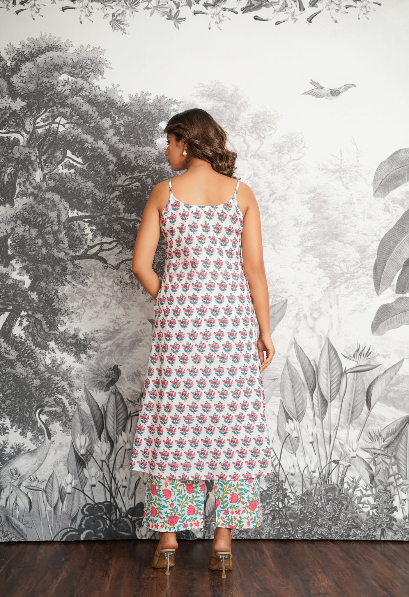 Pink - Green Floral Printed Strappy Suit set - Tara - C - Tara