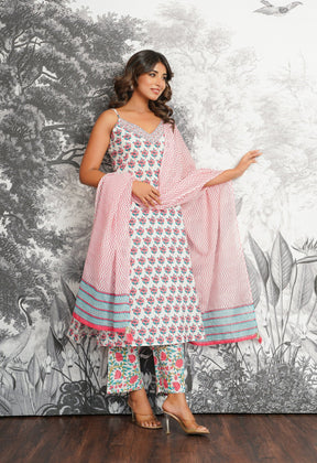 Pink - Green Floral Printed Strappy Suit set - Tara - C - Tara