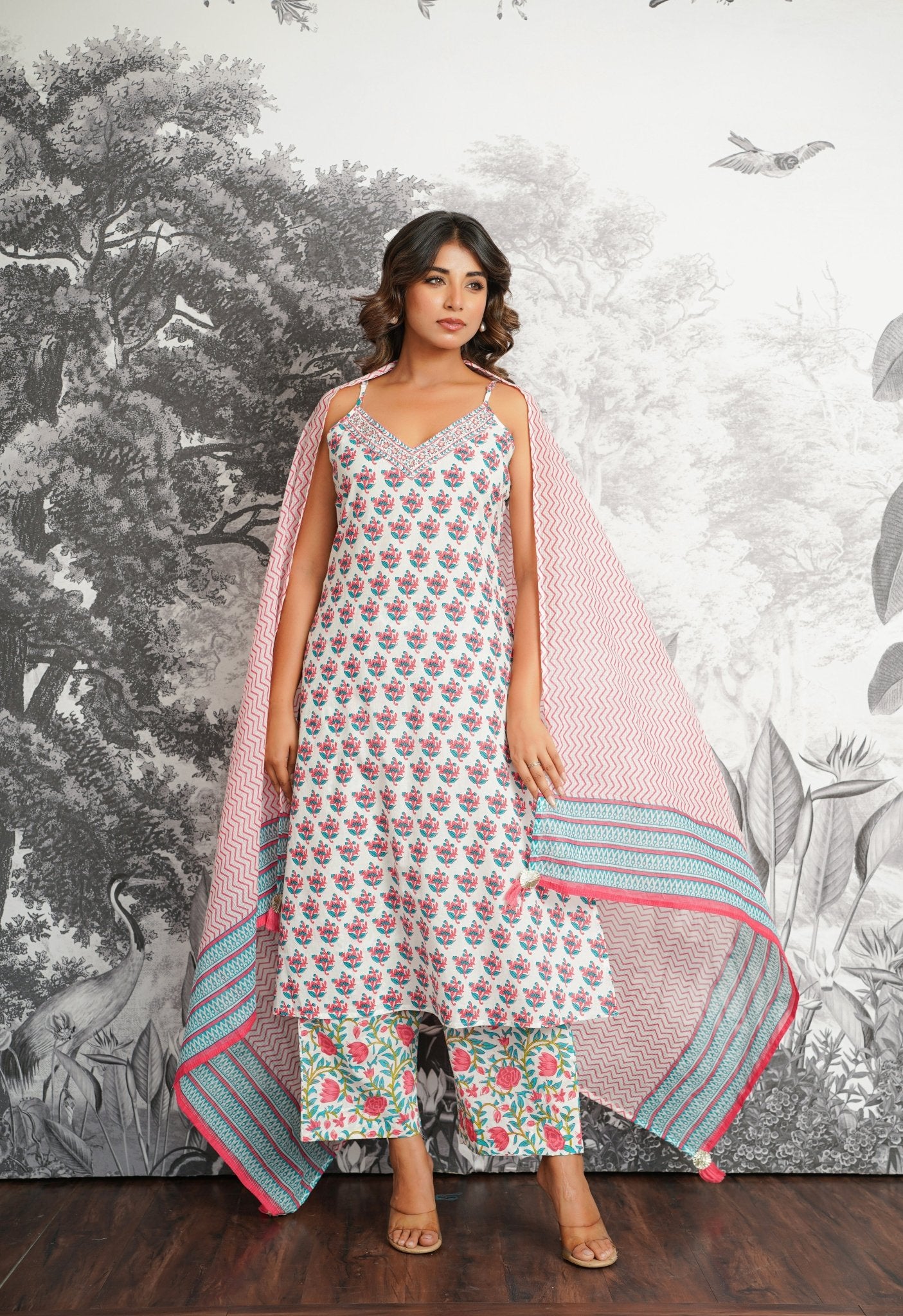 Pink - Green Floral Printed Strappy Suit set - Tara - C - Tara