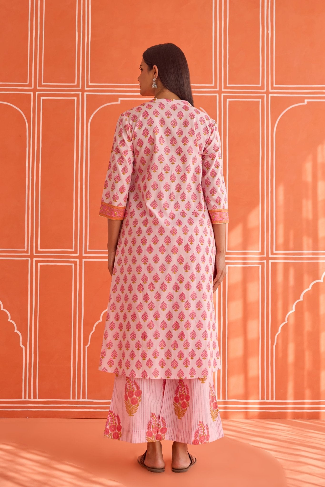 Pink Leaf Motif Hand Block Printed Co-ord Set - Tara-C-Tara