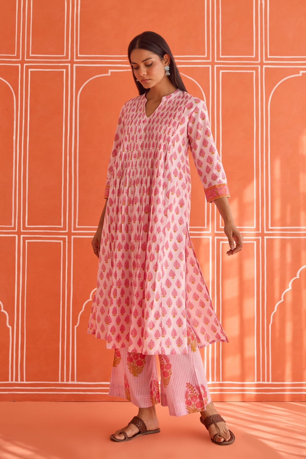 Pink Leaf Motif Hand Block Printed Co-ord Set - Tara-C-Tara