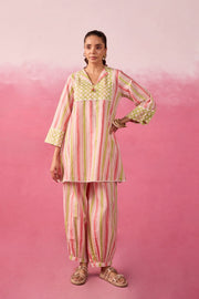 Pink & Lime Stripe Hand Block Printed Co-ord Set