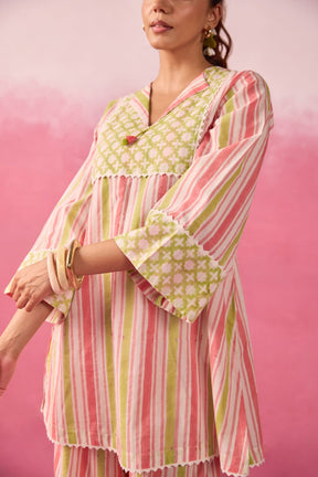 Pink & Lime Stripe Hand Block Printed Co-ord Set - Tara-C-Tara