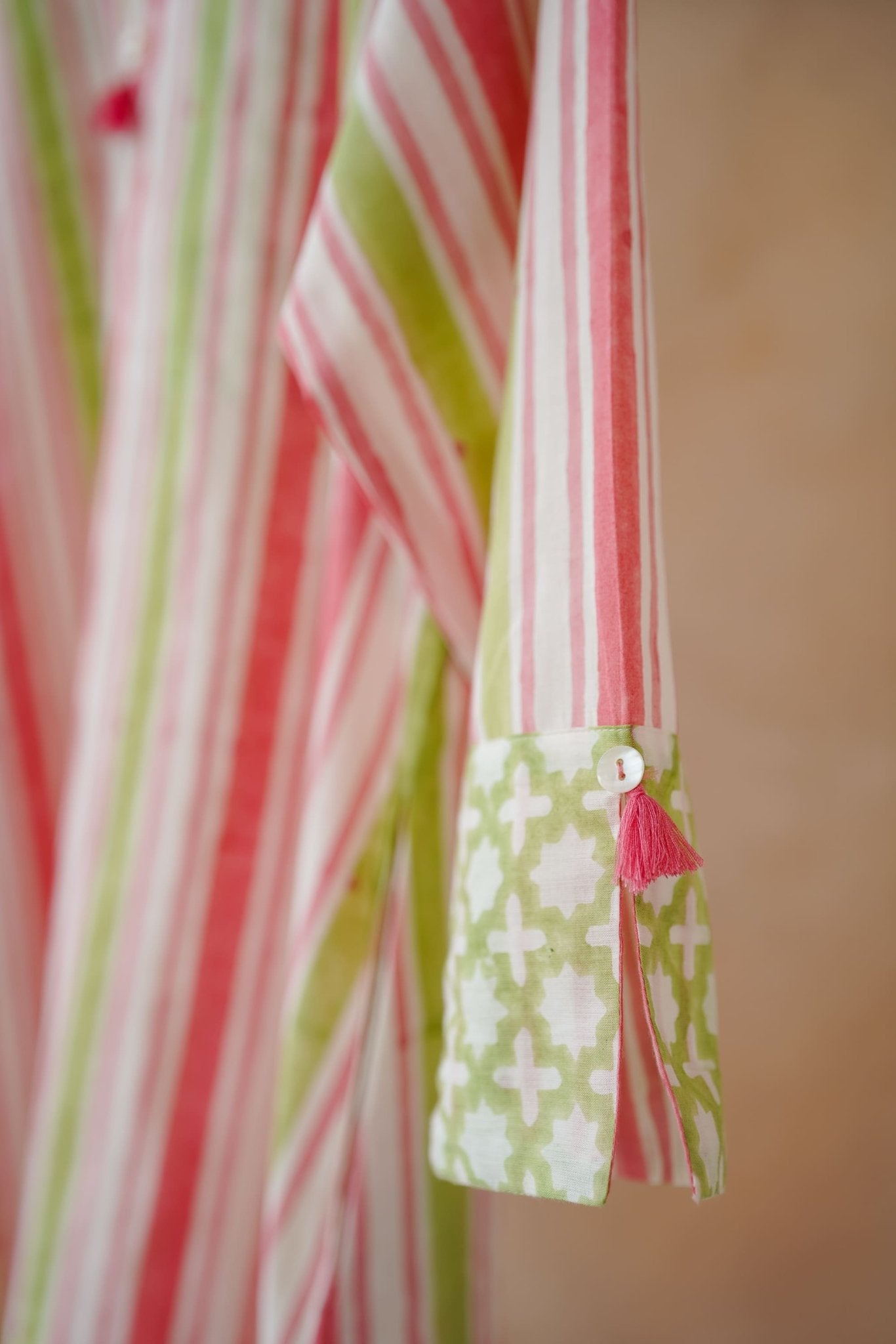 Pink & Lime Stripe Hand Block Printed Kurta - Tara - C - Tara