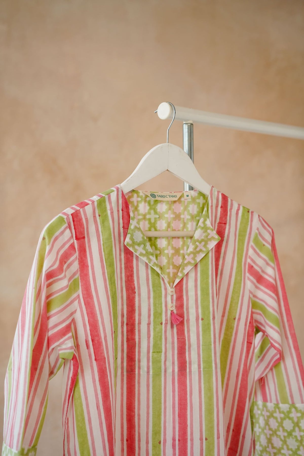 Pink & Lime Stripe Hand Block Printed Kurta - Tara - C - Tara