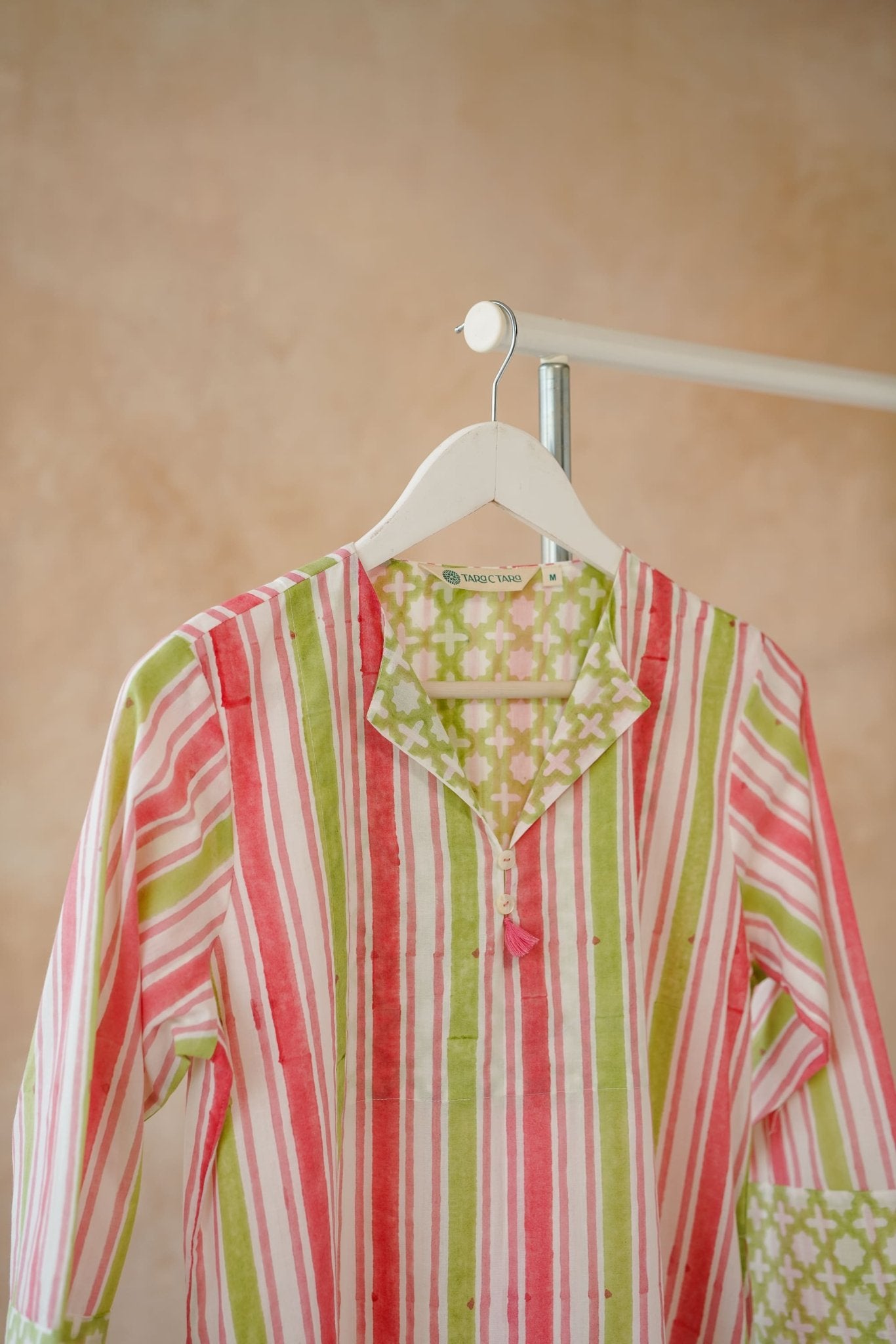 Pink & Lime Stripe Hand Block Printed Kurta - Tara - C - Tara