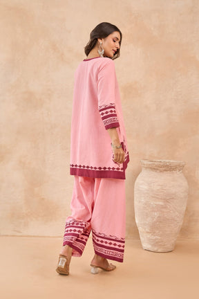 Pink-Maroon Floral Hand Block Print Embroirdered Farsi Salwar Co-ord Set - Tara-C-Tara